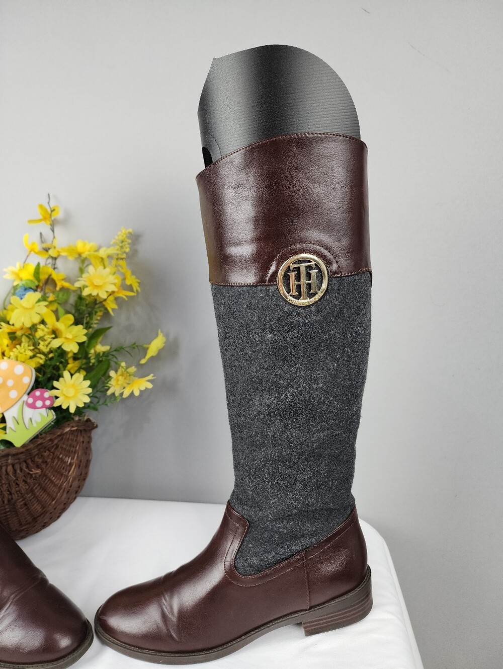 Tommy Hilfiger Madelen Tall Boots - Brown Leather & Grey Wool Sz 8 - Picture 8 of 11